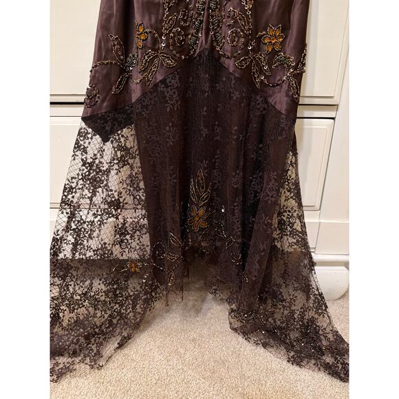 Cache Y2K Vintage 100% Silk Brown Lace Beaded Victorian Flapper Style Dress 4 - Picture 6 of 10